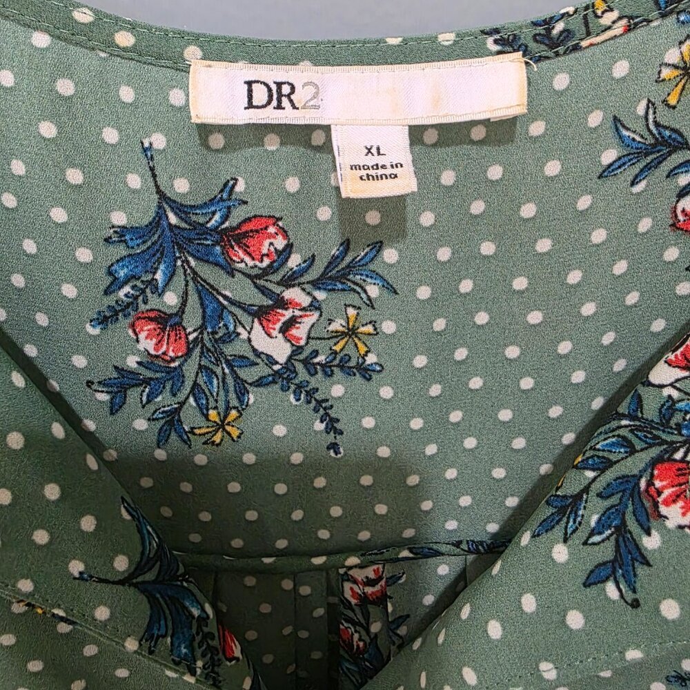 DR2 Green Floral Polka Dot Blouse XL Pleated Flutter Sleeve Split Neck Top - Picture 2 of 12